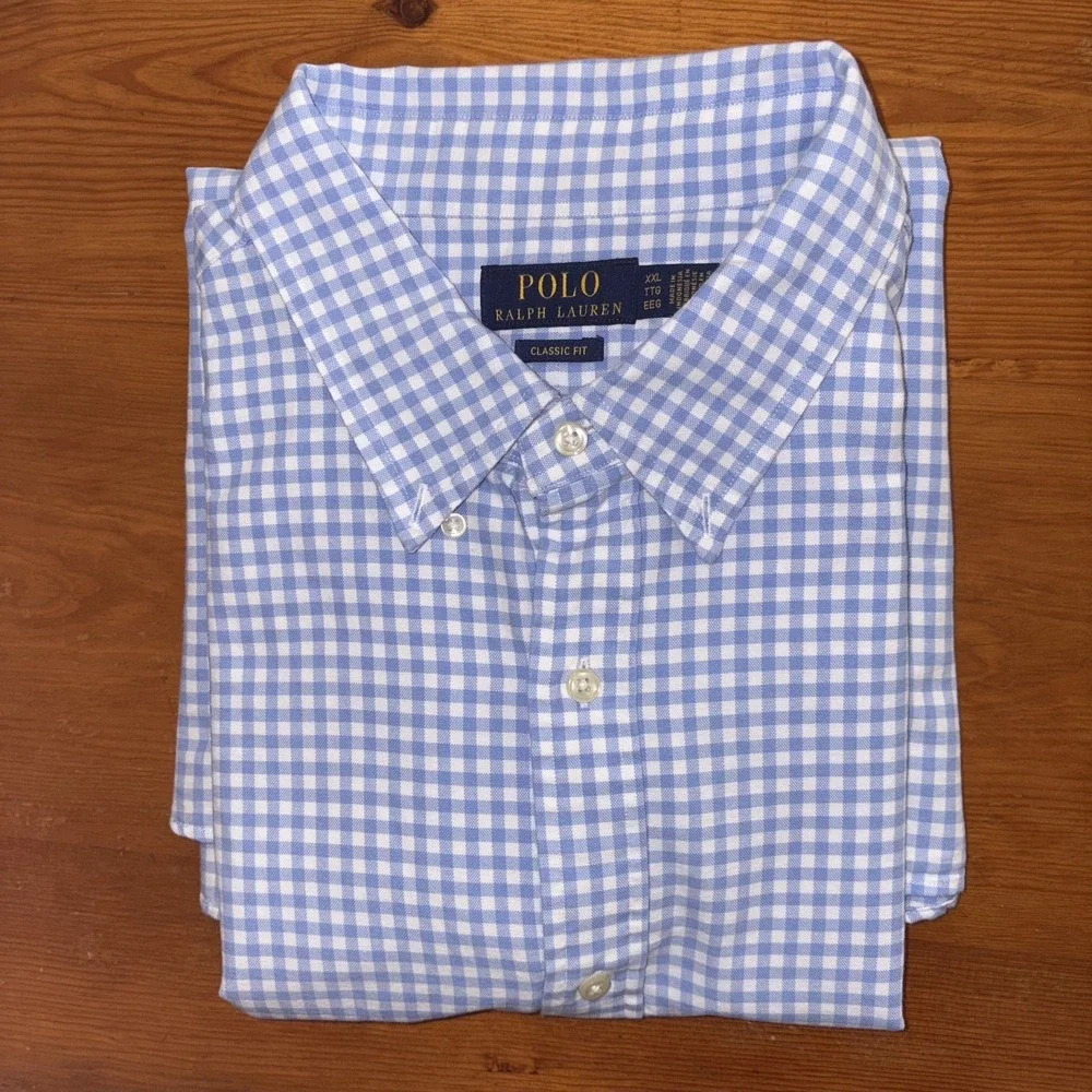 Polo Ralph Lauren Men's Shirt XXL Light Blue White Check Classic Fit Heavy Cotto
